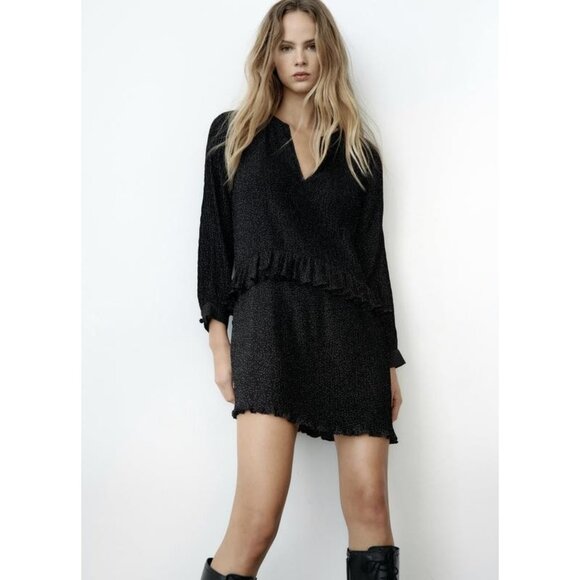 Zara Micro Dot Crinkled Ruffle Tiered Mini Dress XL - Picture 1 of 5